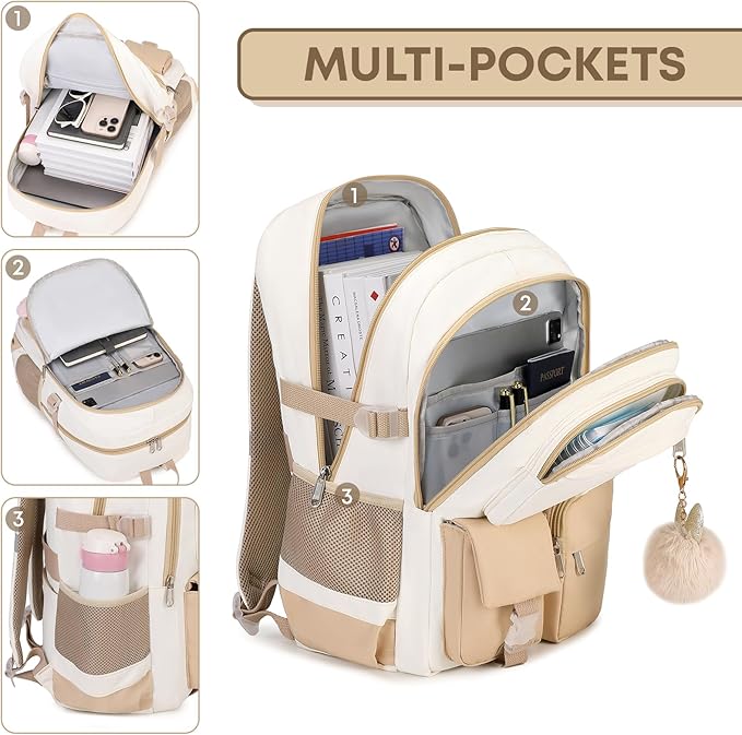 3PCS School Backpack For Student Women College Middle High Teen Girls Bookbag Waterproof Laptop Bag Beige Khaki