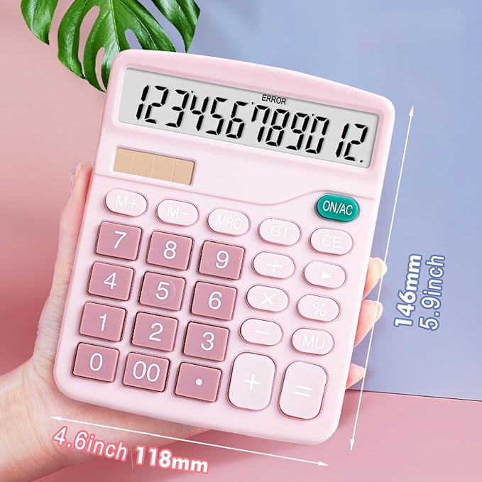YOUHO Pink Office Desk Calculator, 12-bit Solar Battery Dual Power Standard Function Electronic Calculator with Large LCD Display (1PACK，Pink)