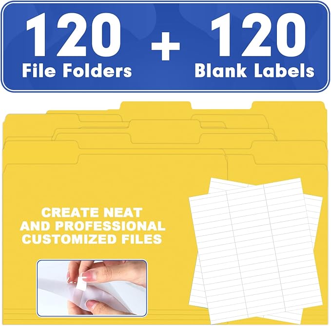 File Folder, HERKKA 120 Pack 1/3 Cut Tab File Folders, File Folders Great for Organizing and Filing, Letter Size, Yellow
