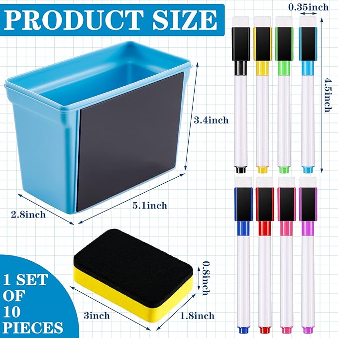 Boao Magnetic Dry Erase Marker Holder 10 Pcs Colorful Magnetic Markers Set with Eraser Whiteboard Plastic Pen Cup for Back to School Classroom Organization Supplies Refrigerator Accessories(Simple)
