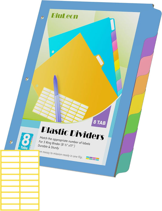 8 Tab Binder Dividers for 3 Ring Binder, 1 Set/8 Count, Thicken, Write & Erase Reusable Waterproof Plastic Binders for School & Office Files, Extra 20 Labels