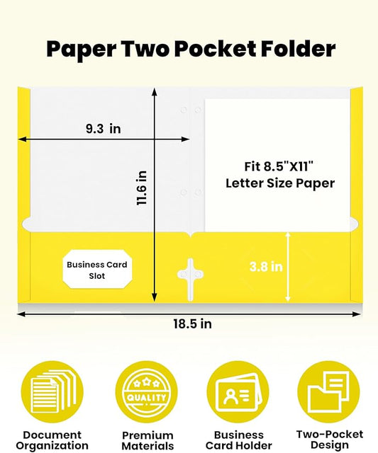 SUNEE Folders with Pockets 3 Hole Punched(50 Pack, Yellow), 2 Pocket Folders Fit Letter Size Paper, Paper File Folder for School Office Home Business