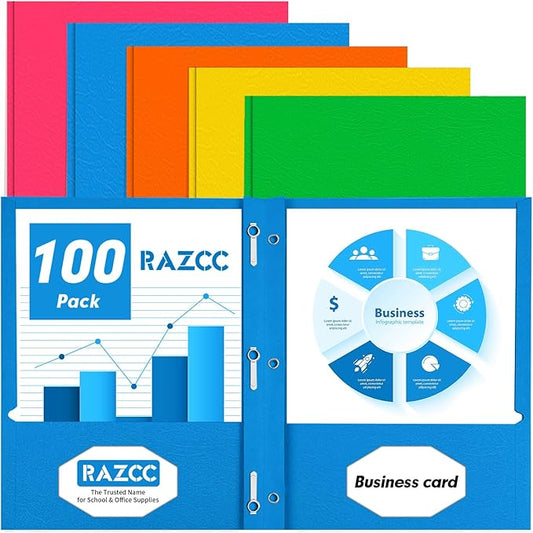 Two Pocket Folders, RAZCC 100 Pack Two Pocket with Prongs, 3 Prong Folders Fit Letter Size Paper, Pocket Paper File Folders for School Office Home Business, Assorted 5 Colors