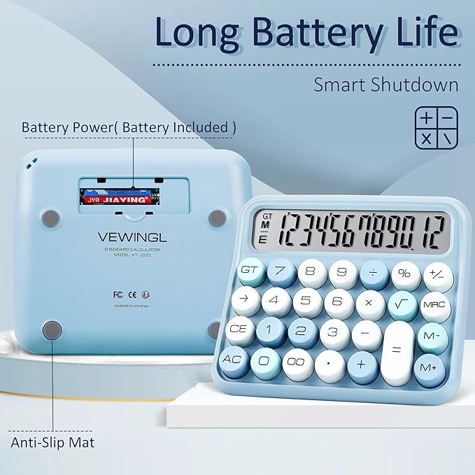 VEWINGL Mechanical Switch Calculator, 12 Digit Large LCD Display and Buttons, Great for Everyday Life and Basic Office Work, with Battery