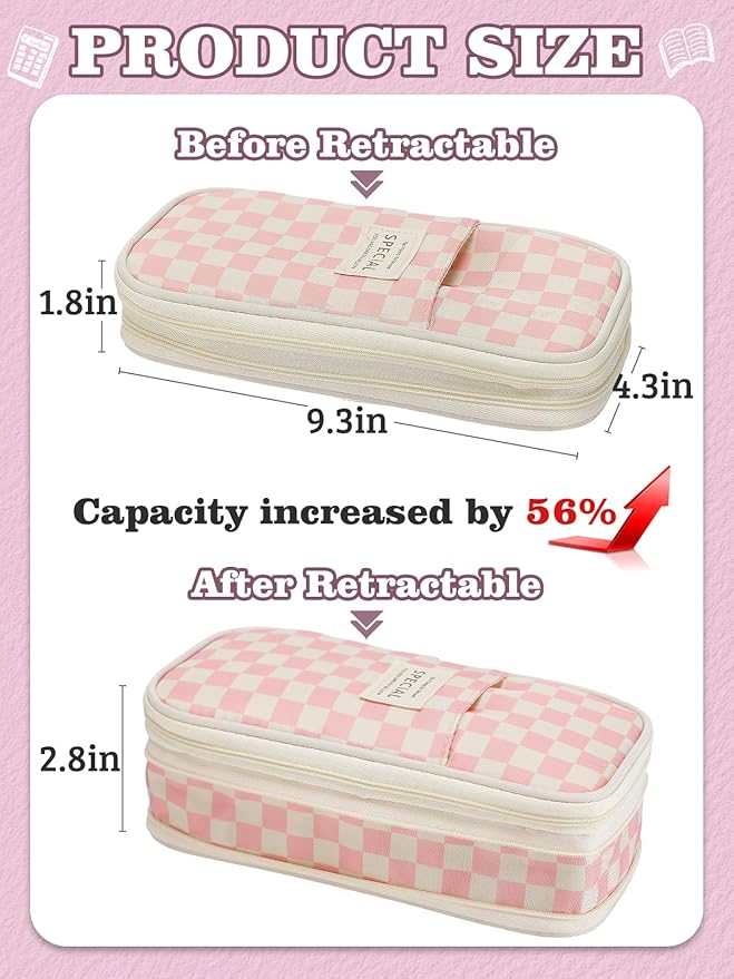 Large Capacity Pencil Case for Teens Girls - Cute Checkerboard Pencil Pouch with Zipper, Stationery Bag Box for Student Back to School Gifts, Pink