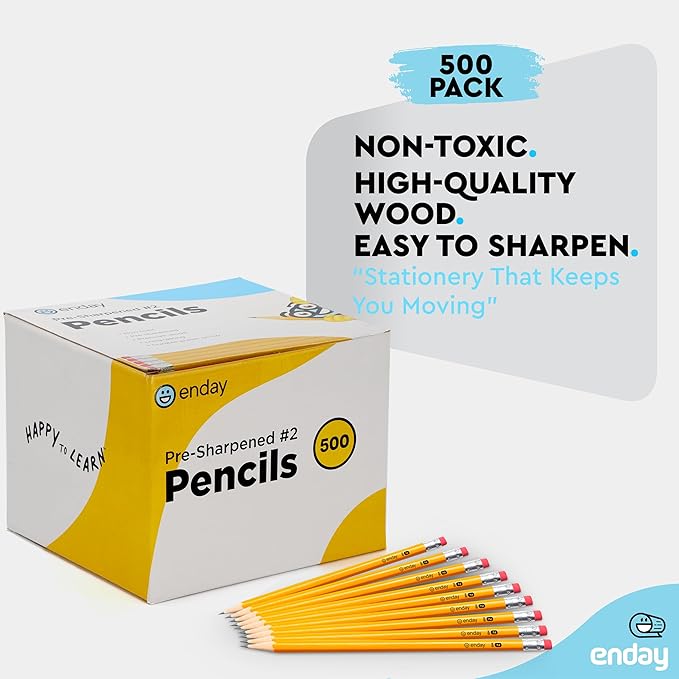 Enday #2 Pencils Bulk - 500 Pack - Pre-sharpened pencils #2 Wood-Cased Yellow Sharpened Pencils for Kids with Latex-Free Eraser Top for Office and Classroom Supplies.