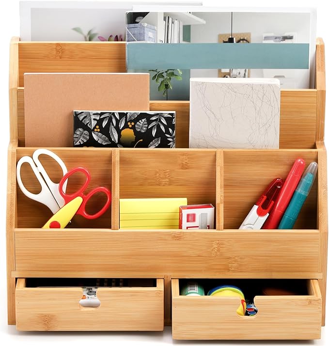 Youeon Bamboo Desk Mail Organizer with Drawers, Large Office Desk Organizer, Countertop Magazine File Holder, Desk Organizer and Sorter for File Letter Paper Office Supplies