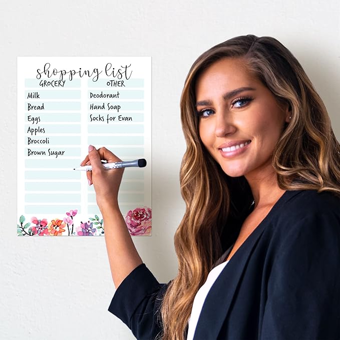 Dry Erase Shopping List Vinyl Sticker Decal Whiteboard by Glassboard Studio | Removable & Reusable | Magnetic Fine-Tip Marker Included (9 x 12 inches, Floral)