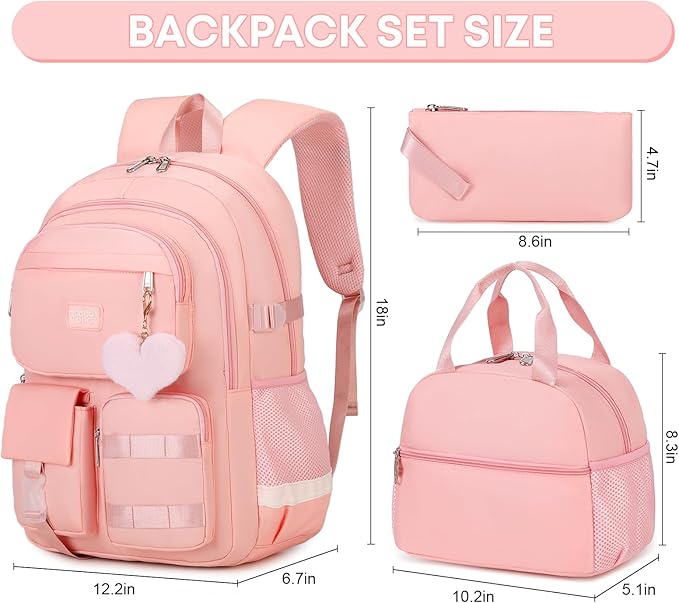 3PCS Student Backpack For School Women College Middle High Teen Girls Bookbag Waterproof Laptop Bag Pink