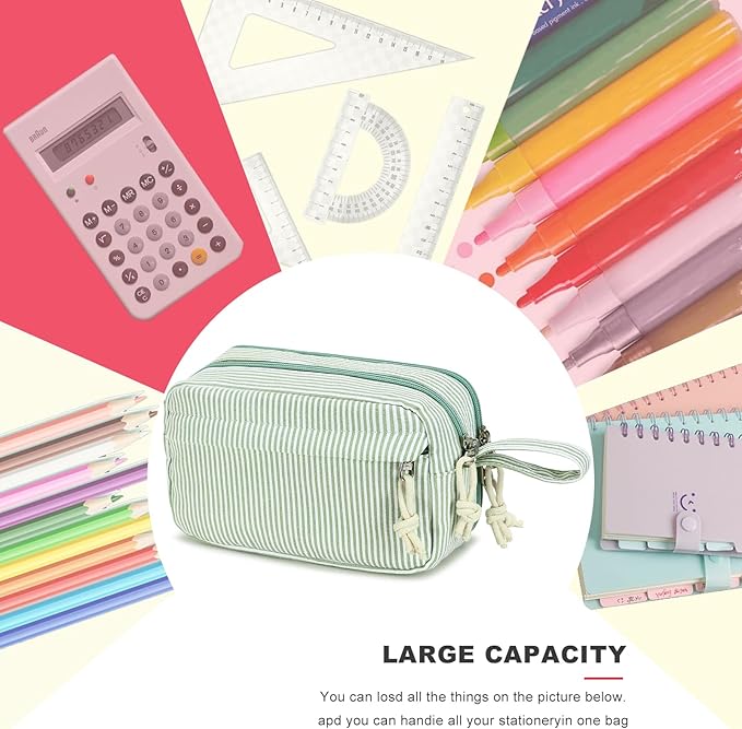 Bluboon Big Capacity Pencil Case Pencil Pouch Pen Case School Supplies Cute Pencil Box Pencil Bag for Teen Girls Boys Women Man (Green White Stripes)
