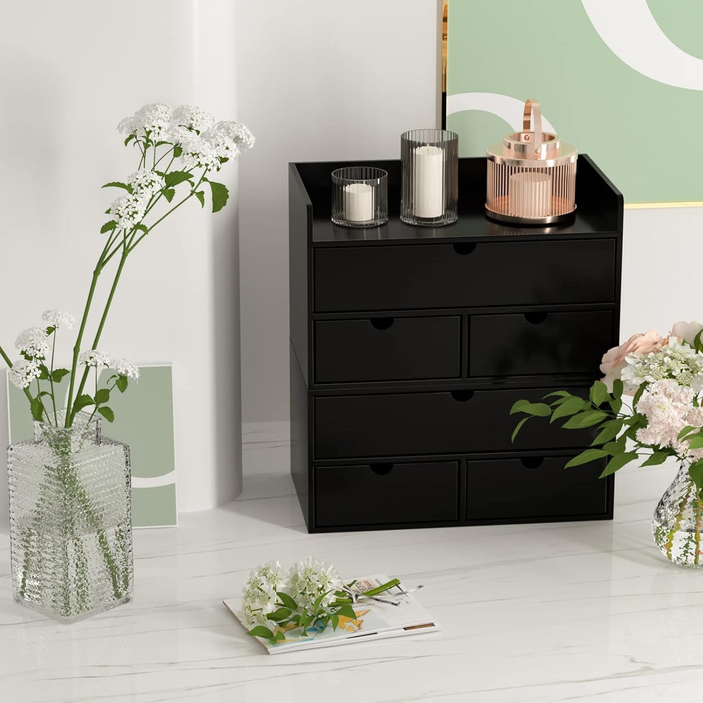 Wisuce Bamboo Desk Organizer - Mini Bamboo Desk Drawer Tabletop Cosmetic Storage Organization for Office or Home Black with Shelf