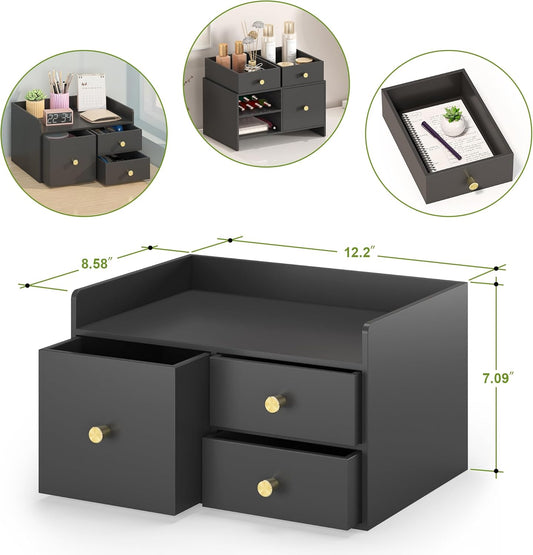 Bamboo Desk Organizer - Stackable, No Assembly Required, Ideal for Office/Home Use - Perfect for Toiletries, Stationery, Accessories. (Black, Square drawer to the left of the fence)