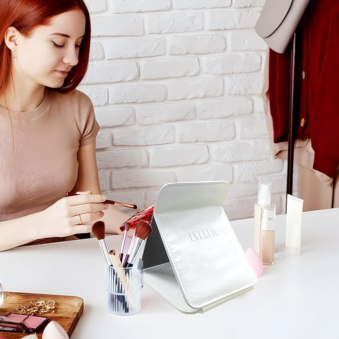 gogofree Foldable Desktop Mirror, 8" × 6" Adjustable Angle Makeup Mirror with Stand, Black Small Mirror for Travel Camping and Home (White)