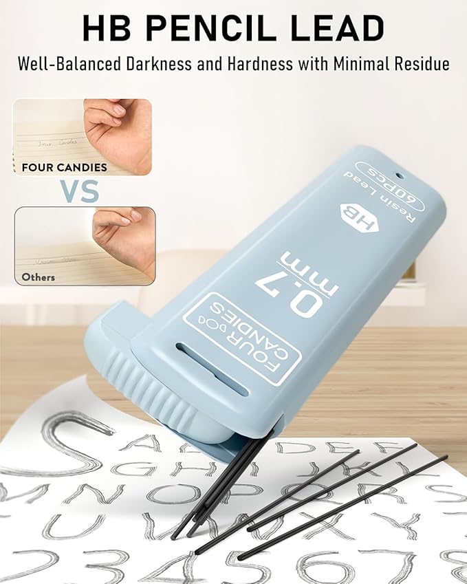 Four Candies 0.7mm Lead Refills in Case, Pack of 720 PCS Black HB #2 Break Resistant Mechanical Pencil Refills, 12 Tubes of 0.7 Lead, 60 Pieces per Tube