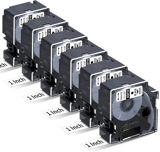 6X Replace for Dymo 1 Inch D1 Label Tape 53713 24mm Black on White Cassette S0720930 for DYMO LabelManager 450D 640 500TS PnP 400 450 Duo Label Maker, 1'' W x 23' L