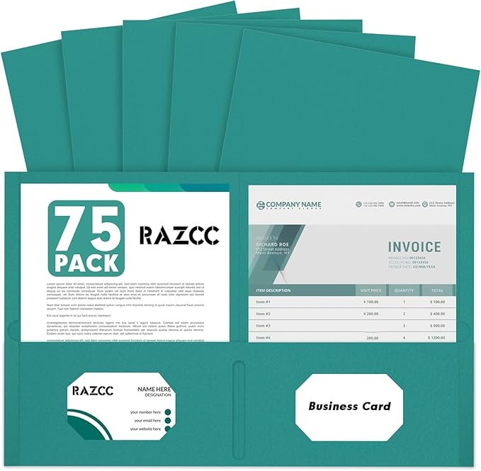 Two Pocket Folders, RAZCC 75 Pack 2 Pocket Folders Fit Letter Size Paper, Paper Folders with Pockets for School Office Business Home, Turquoise