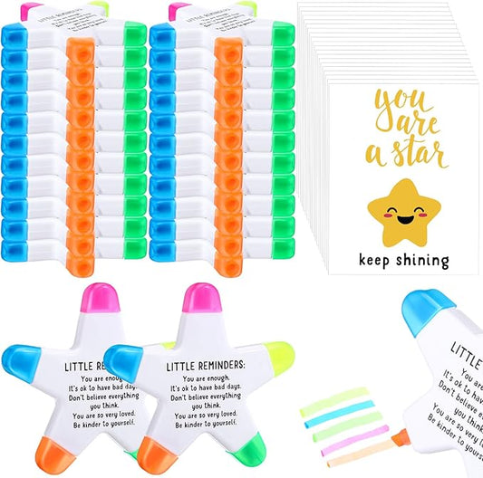 24 Sets Back to School Gifts for Students Star Highlighters with You're a Star Cards Gift Bags 5 in 1 Fluorescent Pens Affirmation Gifts for First Day of School Party Favor (Reminder)