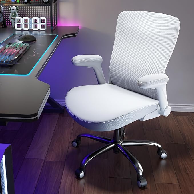 Home Office Ergonomic Chair-Computer PU Leather X-Shaped Desk Chair-Gaming Chair with Adjustable Flip-up Armrests Lumbar Support Mesh Executive Chair for Long Hours Office (White)