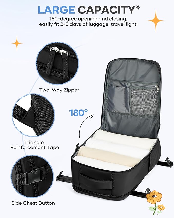 coofay Large Black Travel Backpack Carry on Flight Approved Mochila De Viaje Personal Item Backpack for Airlines Frontier Airlines Personal Item Bag Large Backpacks for Travel Backpacks for Men Women