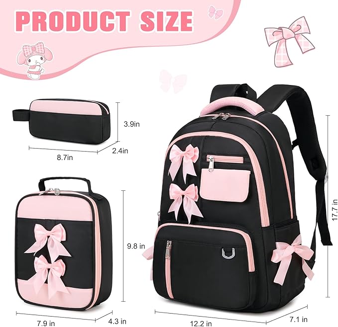 Bevalsa Backpack for Gilrs, Cute School Bags for Kids with Lunch Bag & Pen Case, Bow Bookbag for Girls Children Teens for Elementary Middle High School Student, Back To School Gift (Black Pink)