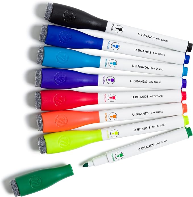 U Brands Fine Tip Dry Erase Markers with Eraser Set of 13, Includes 8 Whiteboard Markers, 4 Magnets and 1 Eraser