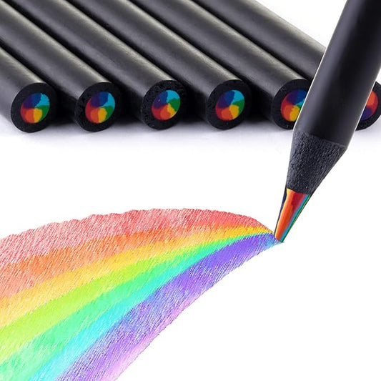 TINNIVI Art Supplies for Kids, 7 Color Black Wooden Rainbow Colored Pencils, Pre-sharpened, Multicolored Core, with Sharpener, for Coloring Books, Drawing, Sketching, 24pcs