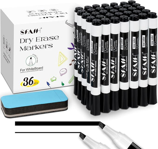 SFAIH Dry Erase Markers Chisel Tip with Magnetic Whiteboard Eraser, 36 Bulk Pack Black White Board Markers for Teachers & Students, Versatile Lines, 1s Quickly Dry, Perfect for Classroom and Office