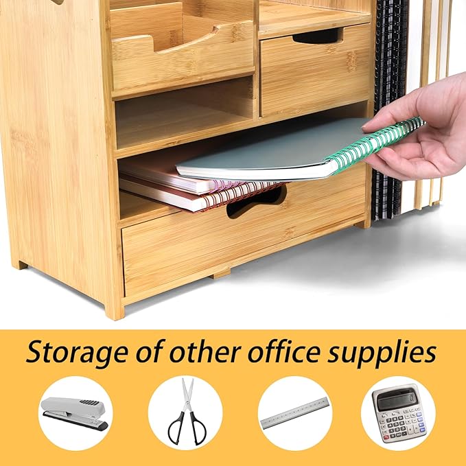 ZOOFOX Bamboo Desk Organizer with Adjustable File Holder, Mail Organizer Countertop with Drawer, 4-Tier Desktop Organization and Desk Accessories for Home Office School Supplies, No Assembly Required