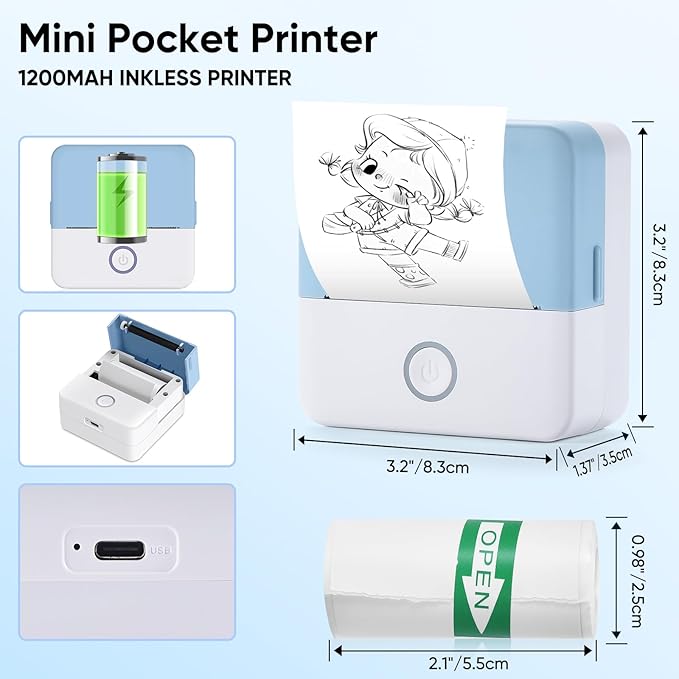 Mini Pocket Printer - Inkless Sticker Printer, Compatible with iOS + Android for Study Notes, Memo, Fun, Work, Journal
