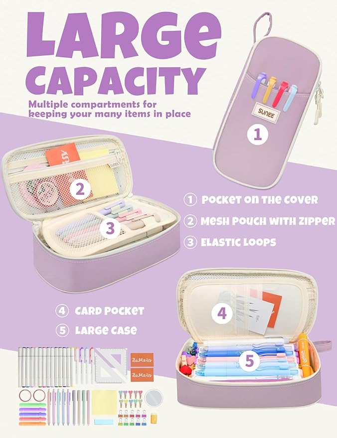 SUNEE Cute Pencil Case, Aesthetic Pen Pouch, Colored Large Pencil Bag with Zipper, Kawaii Stationery Storage and Organizer, Purple School Supplies for Teen and Adult Girls