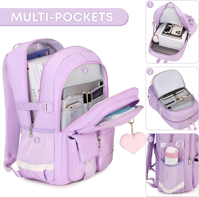 3PCS Student Backpack For School Women College Middle High Teen Girls Bookbag Waterproof Laptop Bag Purple