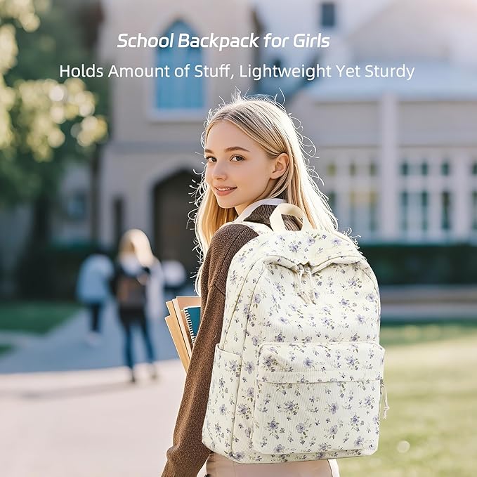 School Backpack for Teens Large Corduroy Bookbag Lightweight 15.6 inch Laptop Bag for Girls Women Casual High School College