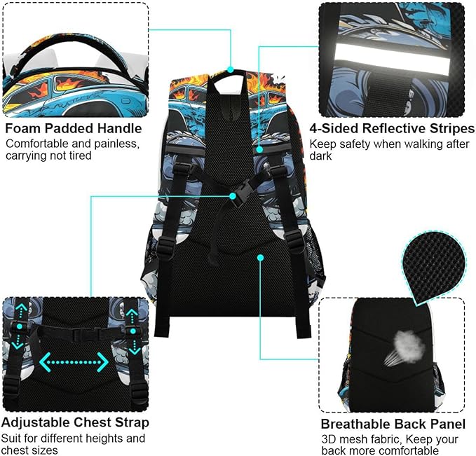 Monster Truck Blue Backpack for Boys Girls Elementary School Bag Kids Bookbag Travel Rucksack