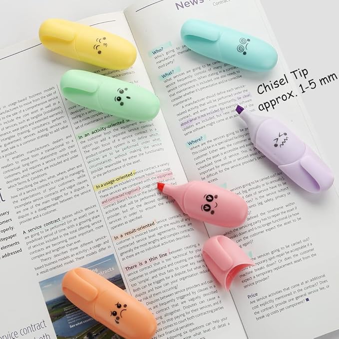 6 Piece Mini Highlighter Pen Kawaii Stuff Back to School Supplies Pastel Color Chisel Tip Cute Design Gift Highlighter Marker