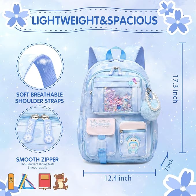 Lovely Girls Backpack School Bag for Students Kids Book Bag with Multiple Pockets Splash-proof Children's Backpack（17inch Blue）