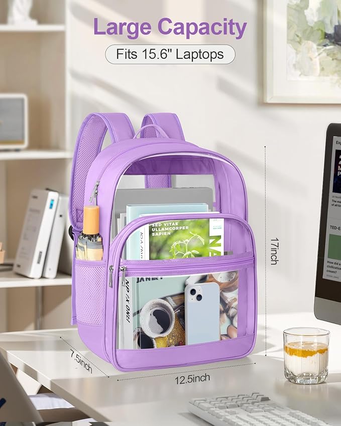 Clear Backpack, Heavy Duty Transparent Bookbag for School, Fabric & PVC Transparent Backpack with Reinforced Strap for Women Men, Capacity Clear Bag for College, Travel, Purple