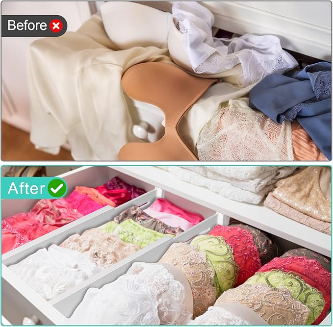 FJO 4 Pack Adjustable Bamboo Drawer Dividers - 12.5" - 21.7" Expandable Drawer Separators for Kitchen, Utensils, Clothes, Bedroom, Dresser, Bathroom (White)