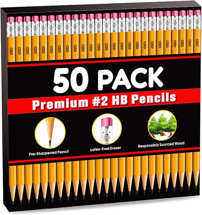 LACCHOUFEE 50 Pack #2 Pre-Sharpened Pencils With Eraser Top, 2 HB for Writing Drawing, Yellow Wood-Cased in Bulk for Office, School, Teacher and Classroom Supplies
