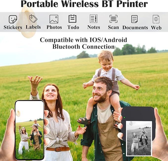 Mini Thermal Inkless Sticker Printer with 14 Rolls Paper, Compatible with iPhone/Android Phone/Tablet, Mini Pocket Printer for Photos/Stickers/Labels/Notes, Black