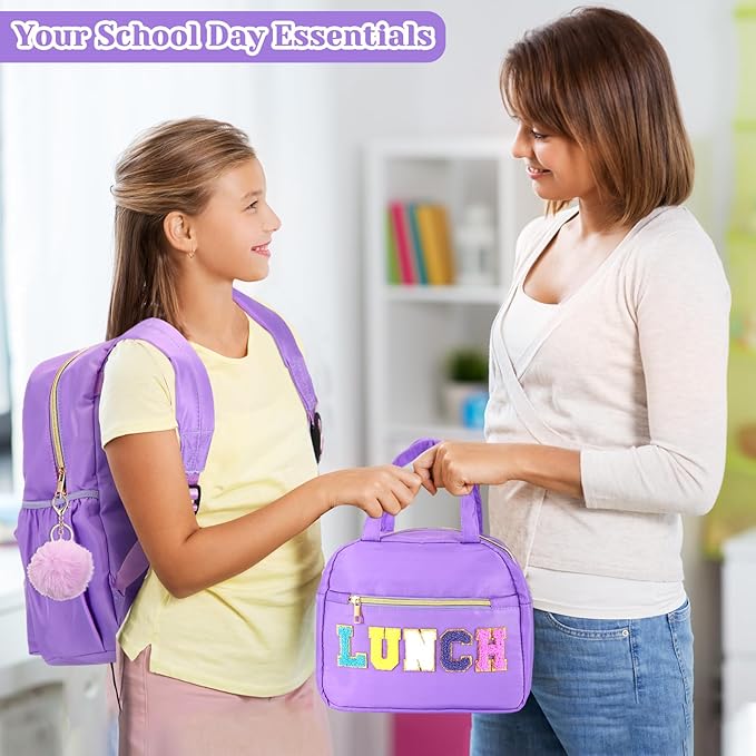 4 Pcs Christmas Child Items Bulk Backpack for Girls Purple Chenille Patch Backpack for School Students Knapsack with Lunch Box Pencil Case Poms Keychains Operation Christmas Items Bulk