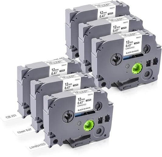 Replacement for Brother P Touch Label Maker Tape TZe-231 TZe231 TZe TZ Tape 12mm 1/2 Inch P Touch Label Make Refills, Black on White Use for Brother Label Maker PT-2040 PTD210 PTD400AD (6)