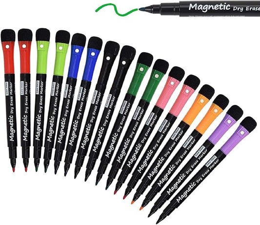 16 Pack Magnetic Dry Erase Markers - Fine Tip (8 Colors) Low Odor Whiteboard Markers for Kids & School, for Whiteboard, Calendar, Refrigerator