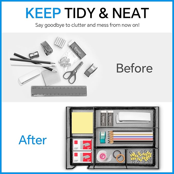 Desk Drawer Organizer, Office Drawer Divider Organizer Tray with 6 Compartments, Metal Mesh Desktop Organization and Accessories for Stationery Makeup Kitchen Toolroom School ＆Office, 12.6x8.27x1.6 in