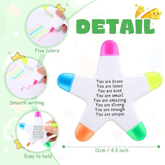 12 Sets Back to School Gifts for Students Star Highlighters with You're a Star Cards Gift Bags 5 in 1 Fluorescent Pens Affirmation Gifts for First Day of School Party Favor (Brave)