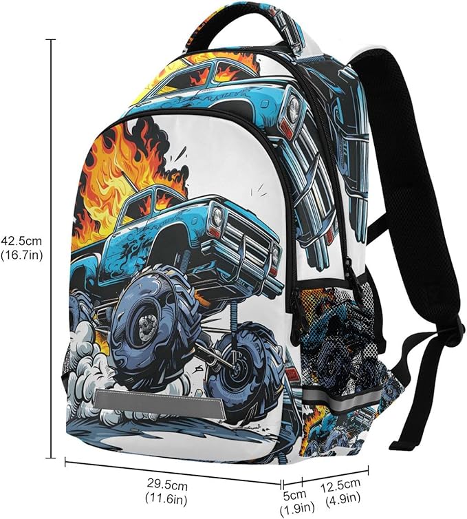 Monster Truck Blue Backpack for Boys Girls Elementary School Bag Kids Bookbag Travel Rucksack