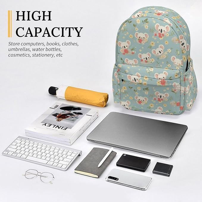 17 Inch Laptop Backpack Cute Koala Face Spring Flowers Teen Girls Boys School Backpack Bags Travel Bookbag Back Pack Outdoor Daypack for Women Men
