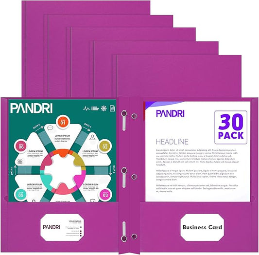 Two Pocket Folders, PANDRI 30 Pack Two Pocket Folders with Prongs, 3 Prong Folders Designed for Office and Classroom, Letter Size Purple