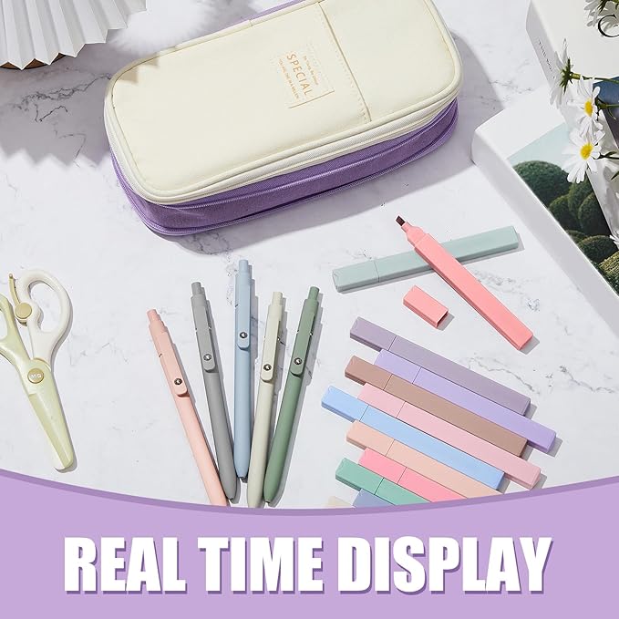 Henoyso 18 Set Aesthetic School Supplies Include Big Capacity Study Pen Bag with Zipper 12 Pcs Chisel Tip Bible Highlighters 5 Pcs Quick Dry Retractable Black Ink Pens for Student Office(Purple)