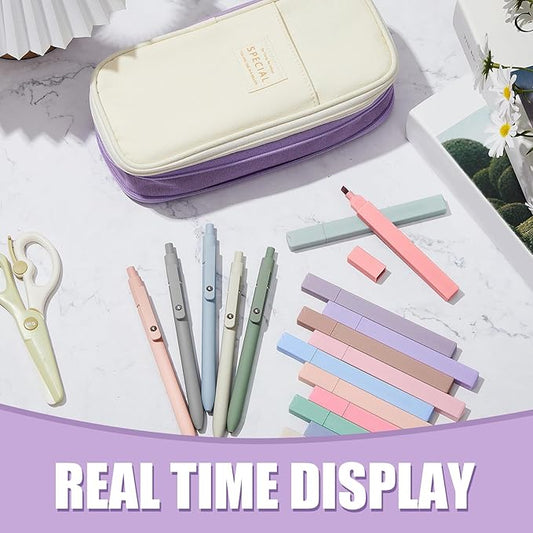 Henoyso 18 Set Aesthetic School Supplies Include Big Capacity Study Pen Bag with Zipper 12 Pcs Chisel Tip Bible Highlighters 5 Pcs Quick Dry Retractable Black Ink Pens for Student Office(Purple)