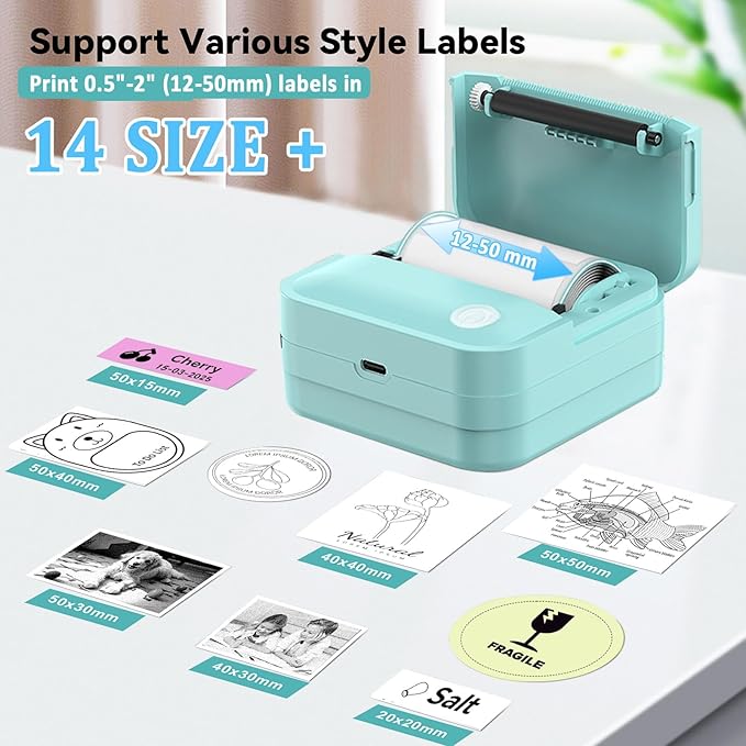 Label Maker Machine with Tape - 14 Sizes (0.47-2") Bluetooth Thermal Label Printer, Mini Sticker Maker for Home,Office,Organization, Portable Sticker Printer Print Pod for Phones(Light Blue)